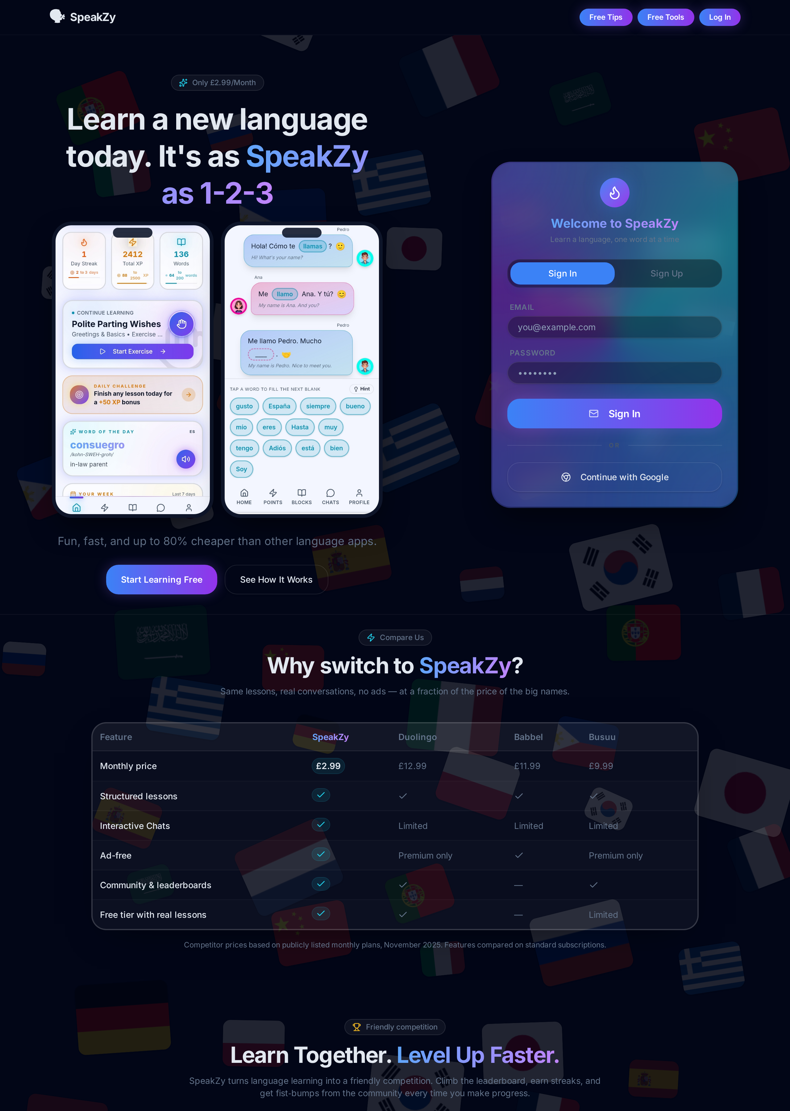 SpeakZy homepage hero showing the tagline 'Learn a new language today. It's as SpeakZy as 1-2-3' with app previews.